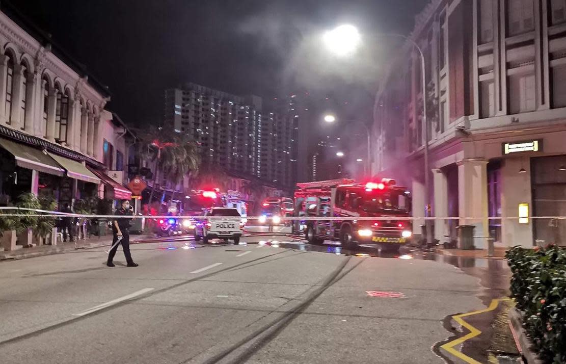 A stretch of Tanjong Pagar Road was cordoned off after a car crashed into the front of a shophouse on 13 February 2021. (PHOTO: Courtesy of Song Seng Wun)