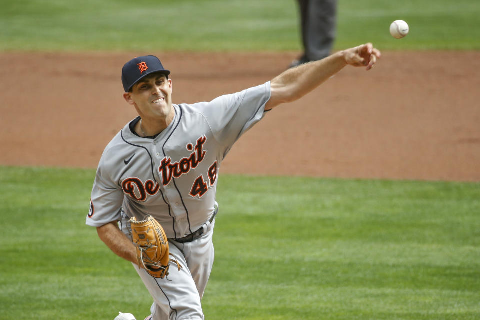 Detroit Tigers' Matthew Boyd throws and gives up his second home run to Minnesota Twins' Josh Donaldson in the first inning of the first game of a baseball doubleheader Friday, Sept. 4, 2020, in Minneapolis. (AP Photo/Bruce Kluckhohn)