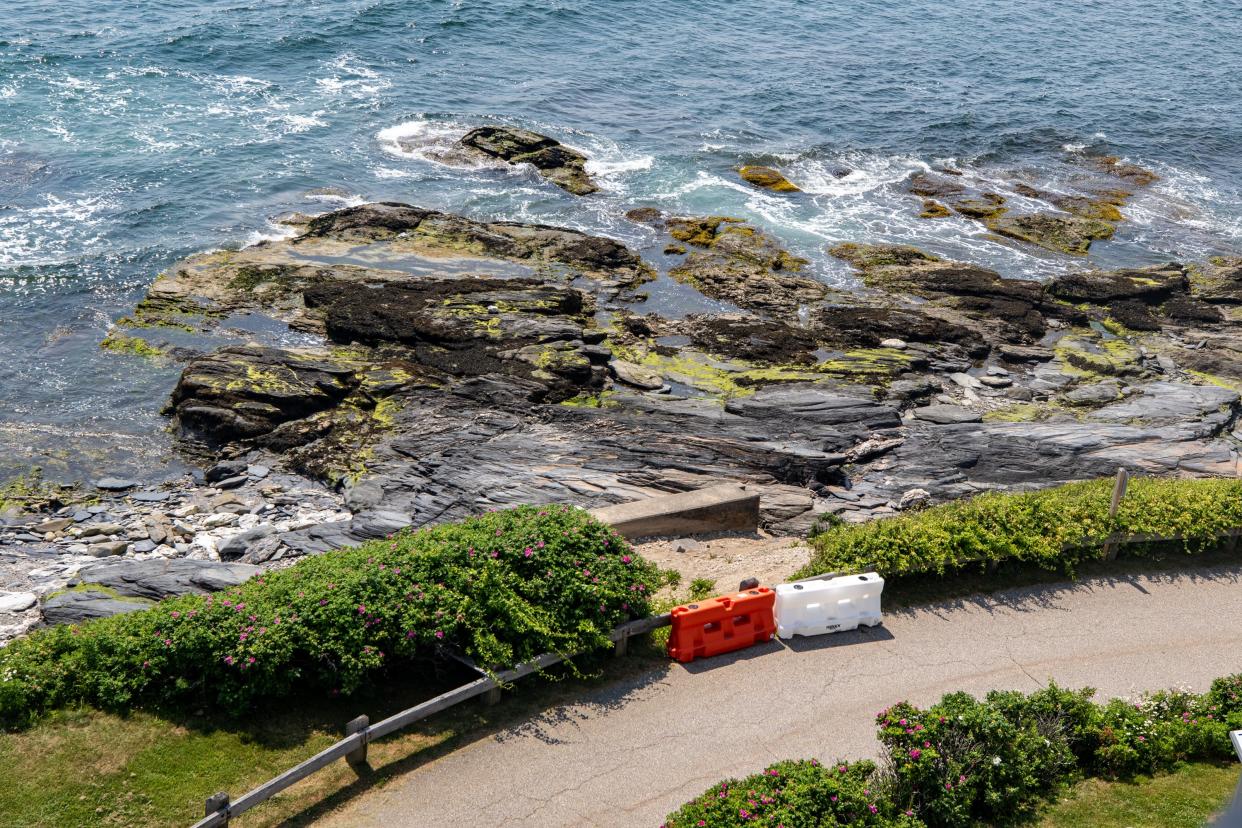 The Jersey barrier in front of the Beavertail Lighthouse, on June 21, 2024, marks where erosion has become more and more of a problem.