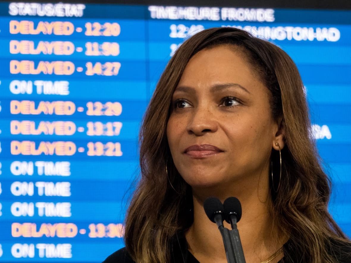 Greater Toronto Airports Authority president and CEO Deborah Flint provides a progress update of Pearson airport in Toronto on Friday. (Carlos Osorio/CBC - image credit)