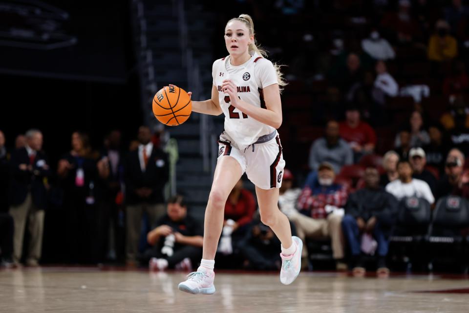 South Carolina forward Chloe Kitts pushes the ball up court against Arkansas during the second half of an NCAA college basketball game in Columbia, S.C., Sunday, Jan. 22, 2023. South Carolina won 92-46. (AP Photo/Nell Redmond)