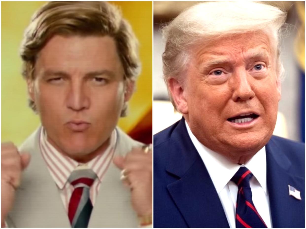 Pedro Pascal in 'Wonder Woman 1984', and Donald Trump: Warner Bros/Saul Loeb/Getty Images