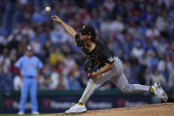 Pittsburgh Pirates' Jared Jones pitches during the second inning of a baseball game against the Philadelphia Phillies, Thursday, April 11, 2024, in Philadelphia. (AP Photo/Matt Rourke)