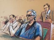 Assiistant U.S. Attorney Alex Rossmiller speaks as Jeffrey Epstein looks on during a a bail hearing in U.S. financier Jeffrey Epstein's sex trafficking case, in this court sketch in New York