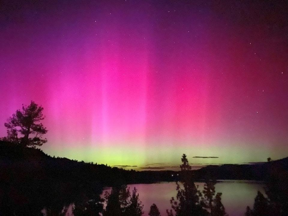 northern lights pink glow with spikes and green rim along the horizon in the night sky above a tree-lined lake