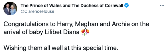 Tweet from @ClarenceHouse congratulating Prince Harry and Meghan Markle on the birth of their second child, daughter Lili on June 6, 2021. Photo: Twitter/@ClarenceHouse.