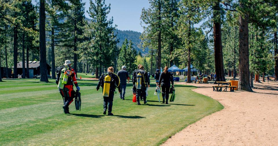  A group of Clean Up The Lake divers on 72 Mile Clean Up Launch Day on May 14, 2021, at Lake Tahoe, Nev.