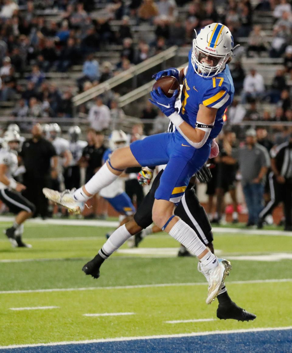 Frenship’s Leyton Stone (17) scores a first-half touchdown. Odessa Permian faces Frenship in a District 2-6A football game, Friday, Oct. 21, 2022, at Peoples Bank Stadium in Wolfforth.