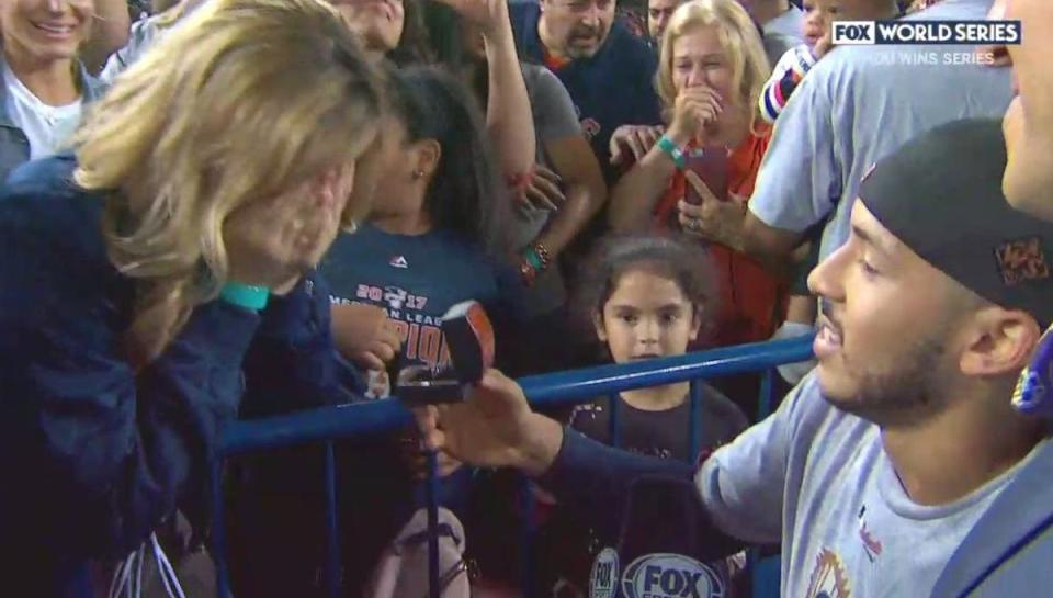 Carlos Correa celebrated the Astros’ World Series championship by proposing to his girlfriend. (Fox screen shot)