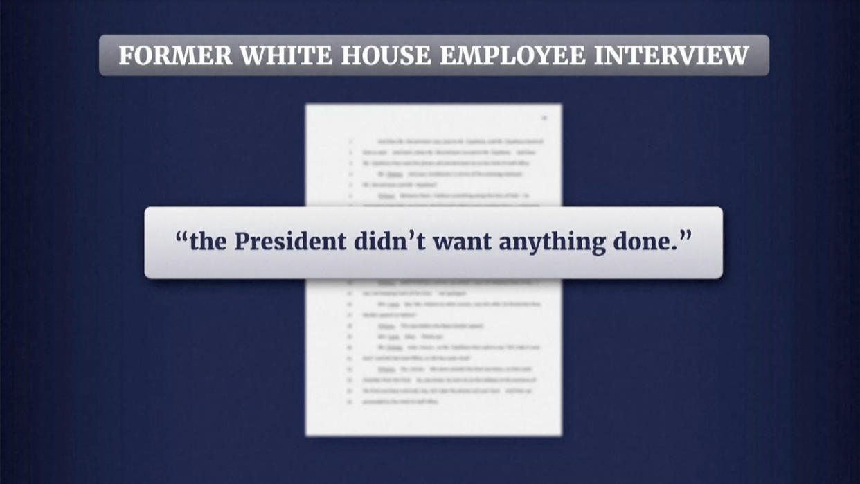 A slide with text that reads: Former White House employee interview. (Quote) The president didn't want anything done.