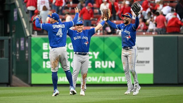 Toronto Blue Jays outfielders Daulton Varsho, left, George Springer,  center, and Kevin Kiermaier react at the end of a baseball game against the  Baltimore Orioles, Wednesday, June 14, 2023, in Baltimore. The