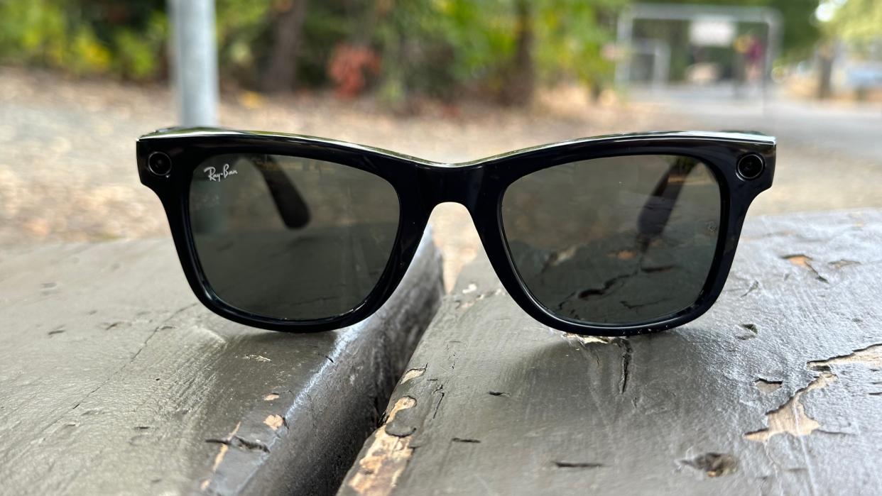  A close-up of the Ray-Ban Meta smart glasses. 