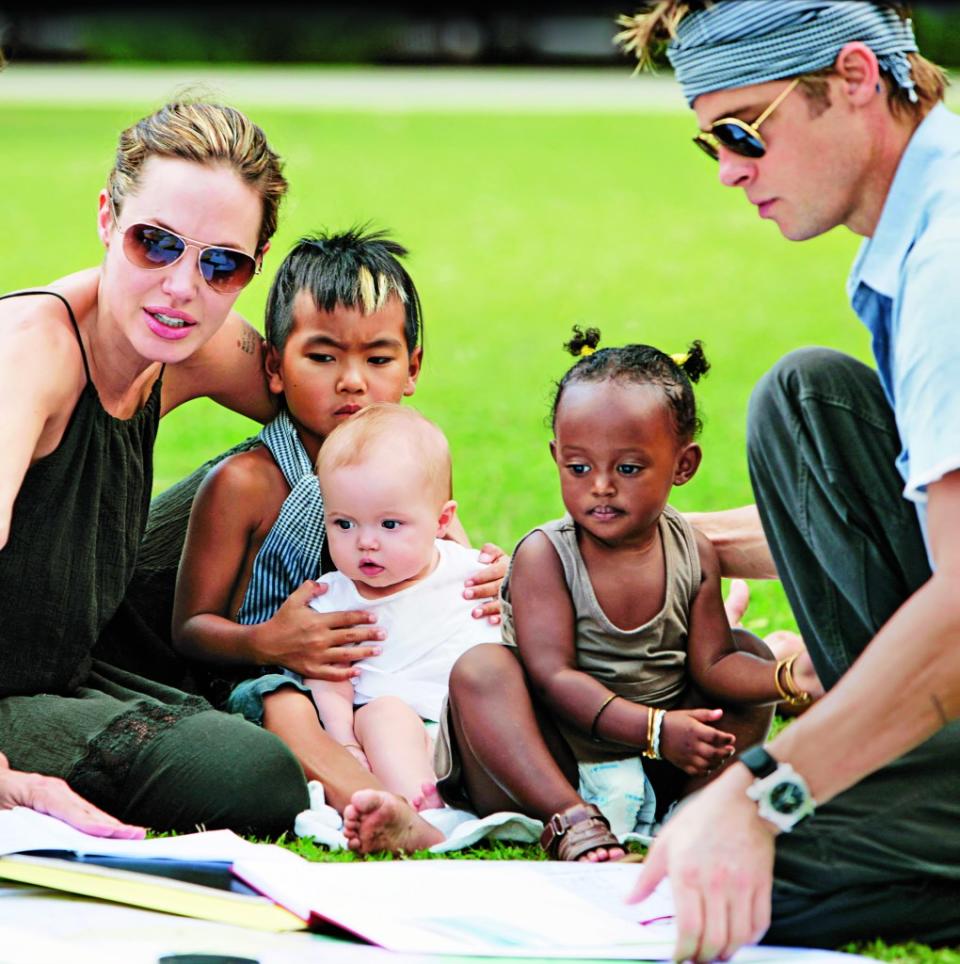 Angelina Jolie and Brad Pitt with Maddox, Zahara and Shiloh. Stirton/Getty/PEOPLE Magazine