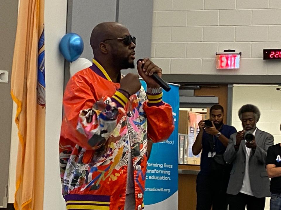 Wyclef Jean, three-time Grammy winner and former member of the Fugees, speaks to Passaic students on Tuesday, Sept. 13, 2022 at the Sonia Sotomayor School.