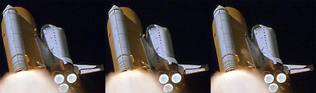 Three frames from a NASA tracking camera show foam separating from the shuttle Columbia's external tank (left), tumbling toward the left wing just under the orbiter's nose (center) and then emerging from under the wing as a cloud of debris. / Credit: NASA