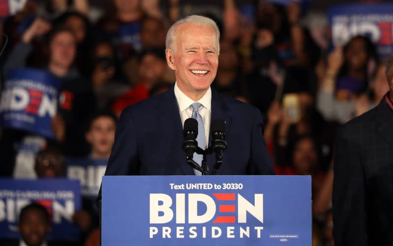 Democratic U.S. presidential candidate and former Vice President Joe Biden addresses supporters at his South Carolina primary night rally in Columbia, South Carolina, U.S.