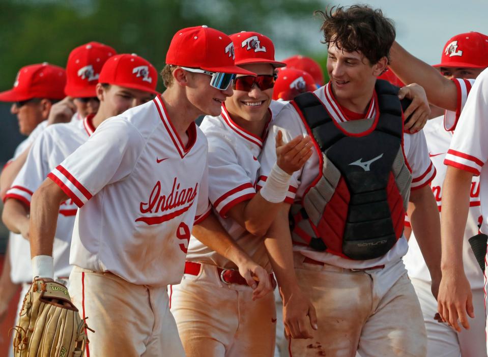 Twin Lakes celebrate after the IHSAA baseball game against the Central Catholic Knights, Wednesday, May 8, 2024, at the Twin Lakes High School in Monticello, Ind. Twin Lakes won 5-2.