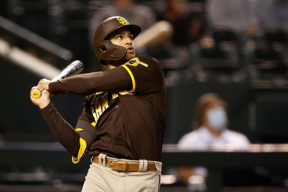 PHOENIX, ARIZONA - APRIL 27: Trent Grisham #2 of the San Diego Padres bats against the Arizona Diamondbacks during the MLB game at Chase Field on April 27, 2021 in Phoenix, Arizona. The Diamondbacks defeated the Padres 5-1. (Photo by Christian Petersen/Getty Images)