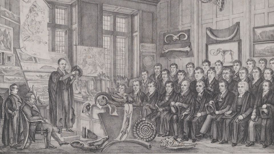 An illustration depicts geologist William Buckland teaching in an Oxford University lecture room on February 15, 1823. - The Metropolitan Museum of Art
