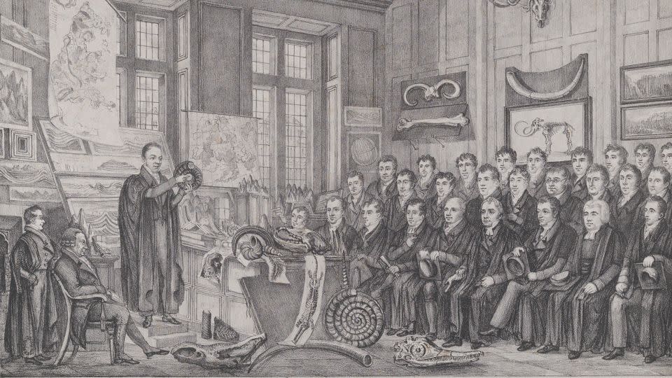 An illustration shows geologist William Buckland teaching in a lecture hall at the University of Oxford on February 15, 1823. - The Metropolitan Museum of Art