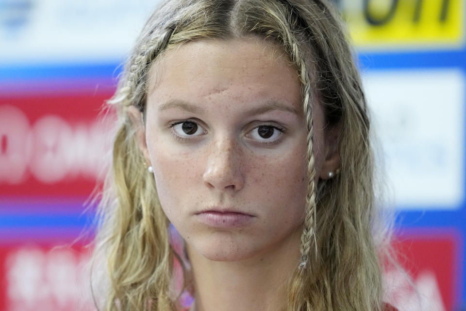 Summer McIntosh of Canada attends a news conference at the World Swimming Championships in Fukuoka, Japan, Friday, July 21, 2023. One of the greatest freestylers the sport has ever seen, Katie Ledecky is up against two younger stars: 16-year-old Canadian Summer McIntosh and 22-year-old Australian Ariarne Titmus. (AP Photo/Eugene Hoshiko)