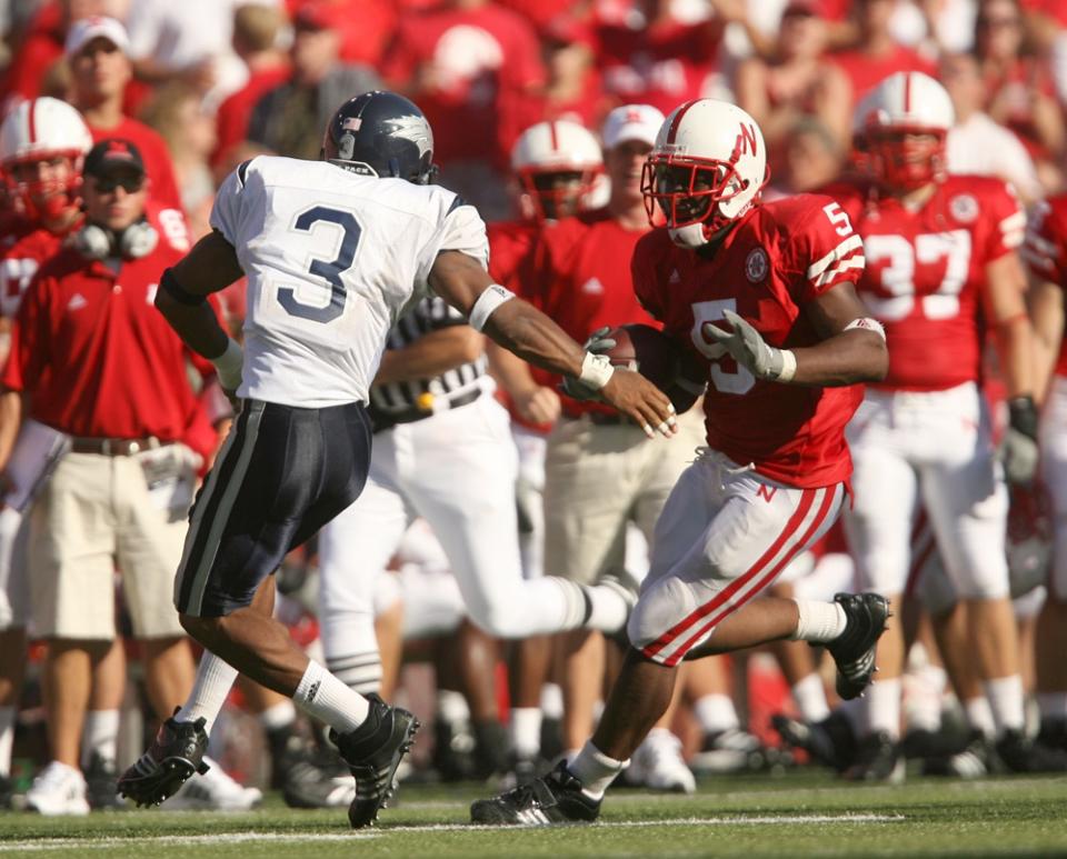 Sept 1, 2007; Lincoln, NE, USA; Nebraska Cornhuskers running back Marlon Lucky (5) turns upfield against the Nevada Wolf Pack in the third quarter on Saturday at Memorial Stadium. Lucky gained 233 yards rushing on 30 carries, both career highs. Nebraska won 52-10. Mandatory Credit: Bruce Thorson-USA TODAY Sports