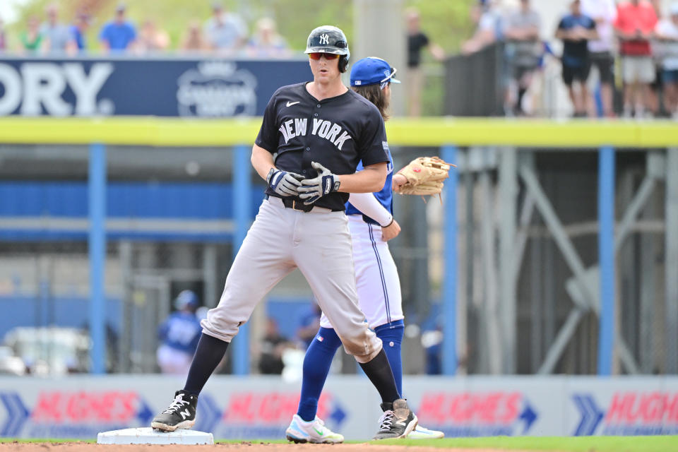 DUNEDIN, FLORIDA - MARCH 08: DJ LeMahieu #26 of the New York Yankees reacts after hitting an RBI double in the third inning against the Toronto Blue Jays during a 2024 Grapefruit League Spring Training game at TD Ballpark on March 08, 2024 in Dunedin, Florida.  (Photo by Julio Aguilar/Getty Images)