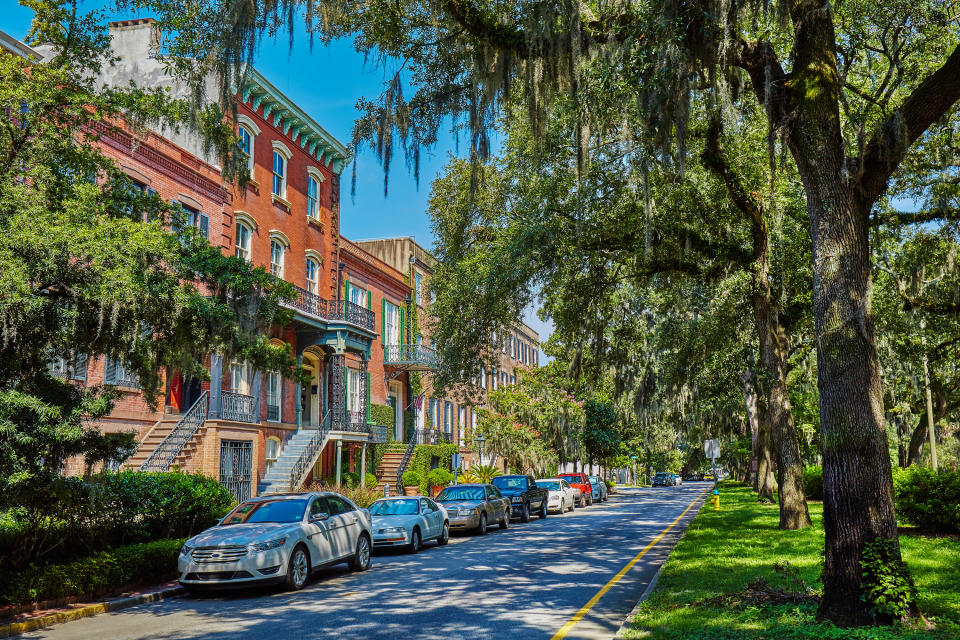 A street with homes, trees and cars in Savannah, Georgia