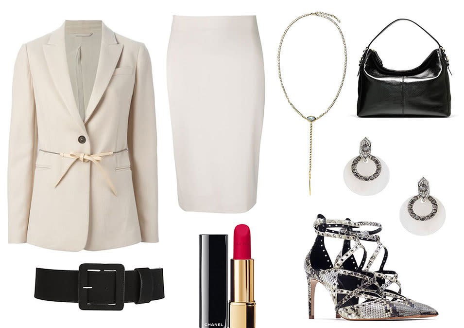 Vesper Lynd would definitely approve of this ladylike suit, toughened up with a few well-chosen accessories.