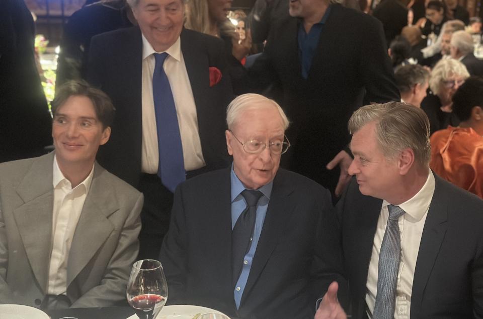 From left: Cillian Murphy, Michael Caine and Christopher Nolan (Baz Bamigboye/Deadline)