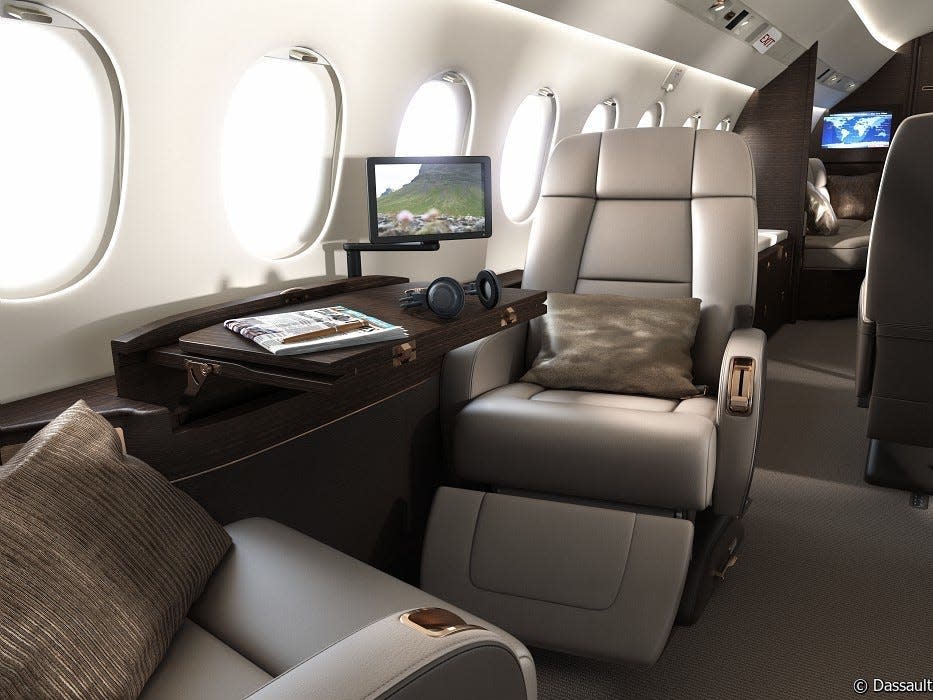 One of the seats aboard the Dassault Falcon 900.