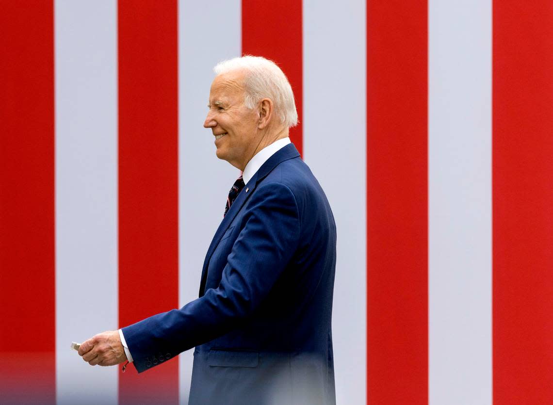 President Joe Biden smiles after speaking at Wolfspeed on Tuesday, March 28, 2023, in Durham, N.C.