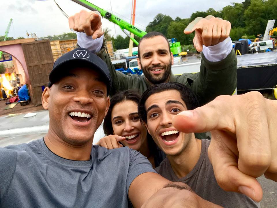 L-R: Will Smith, Naomi Scott, Mena Moussaud and at the back Marwan Kenzari, in first ‘Aladdin’ cast photo (credit: Will Smith/Facebook)
