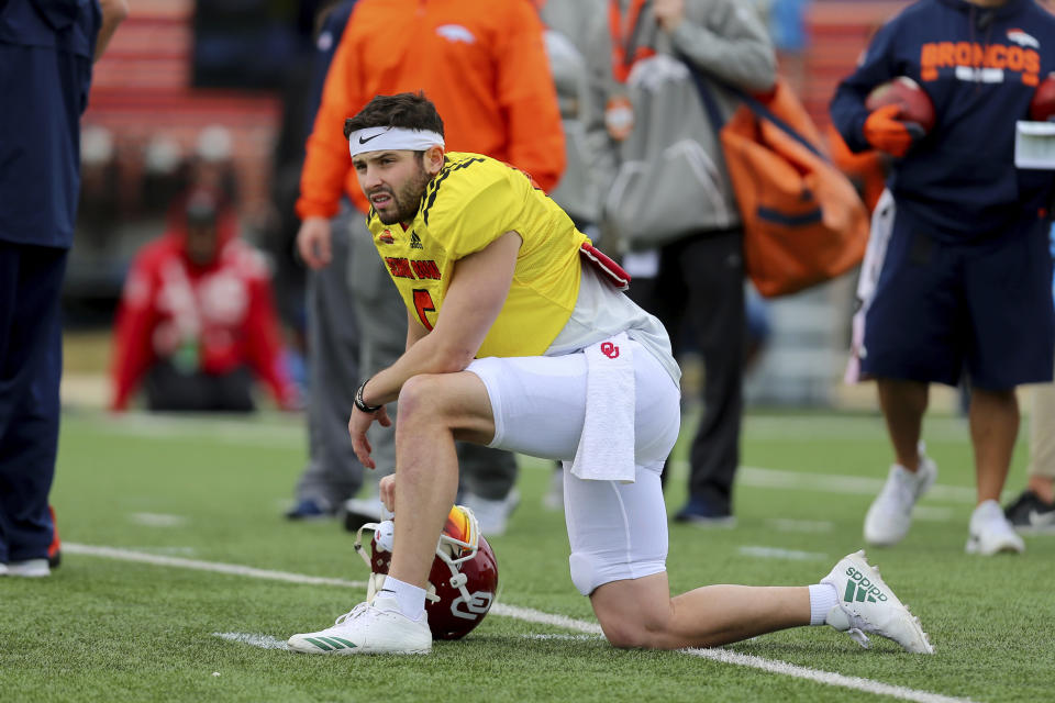 Talent evaluators liked what they saw out of Baker Mayfield this week at the Senior Bowl. (AP) 