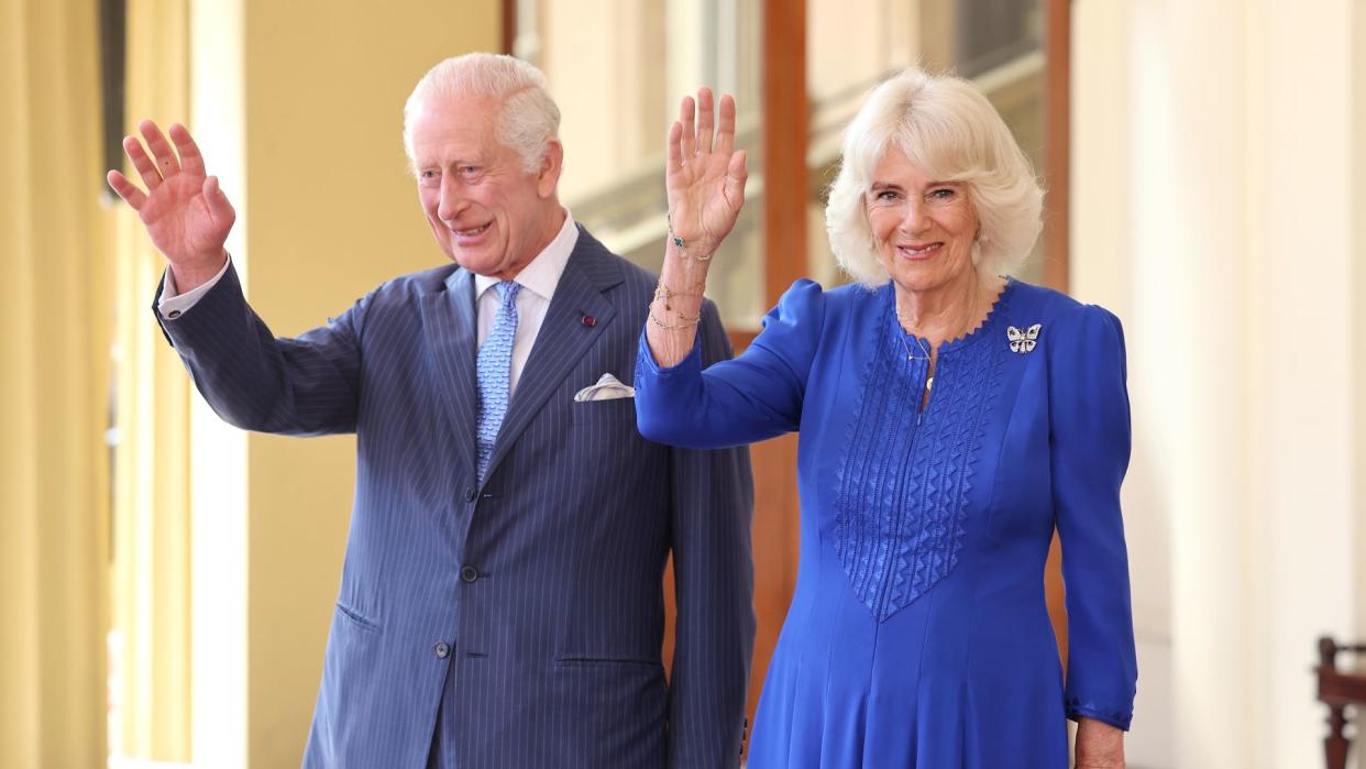 Charles and Camilla waving during Japan state visit