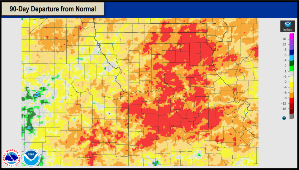 This map shows rainfall deficits by location around the Kansas City area in 2023 compared to the average rainfall for the past 90 days. National Weather Service