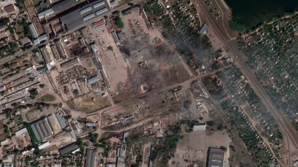 This satellite image from Planet Labs PBC shows the aftermath of a Ukrainian strike on a Russian ammunition depot in Nova Kakhovka (AP)