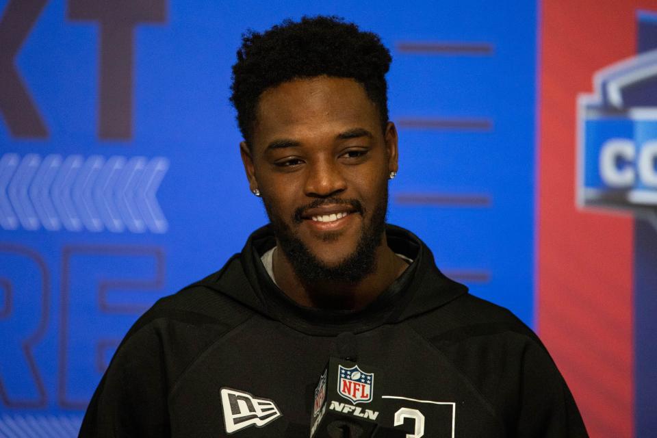 Mar 2, 2022; Indianapolis, IN, USA; Purdue wide receiver David Bell talks to the media during the 2022 NFL Combine.
