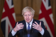 Britain's Prime Minister Boris Johnson speaks during a media briefing on COVID-19, in Downing Street, London, Friday Jan. 15, 2021. (Dominic Lipinski/Pool via AP)