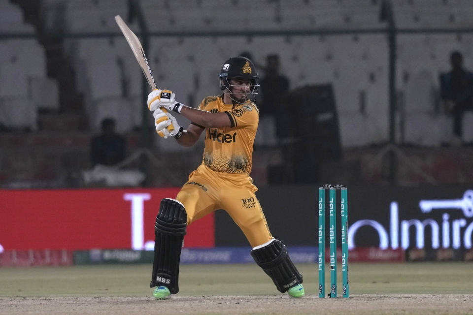 Peshawar Zalmi' Saim Ayub bats during the Pakistan Super League T20 cricket eliminator match between Islamabad United and Peshawar Zalmi, in Karachi, Pakistan, Saturday, March 16, 2024. (AP Photo/Fareed Khan)