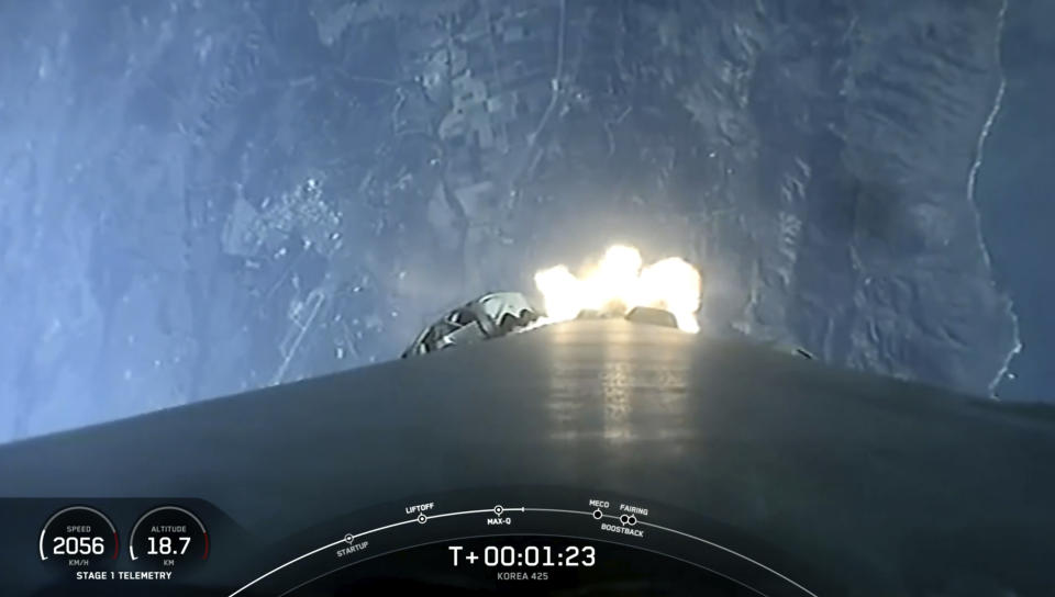 In this image from video provided by SpaceX, South Korea launches its first military spy satellite from Vandenberg Space Force Base, Calif., Friday, Dec. 1, 2023. Using SpaceX's Falcon 9 rocket, it was the first of five spy satellites South Korea plans to send into space by 2025 under a contract with SpaceX. The launch took place a little over a week after North Korea claimed to put its own spy satellite into orbit for the first time as tensions rise between the rivals. (SpaceX via AP)