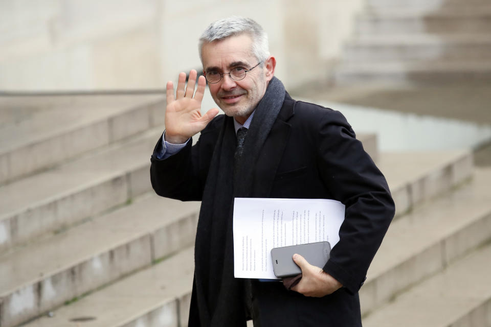 F.O. Labor union leader Yves Veyrier arrives for a meeting with French President Emmanuel Macron, and local, national political leaders, unions, business leaders and others to hear their concerns after four weeks of protests, at the Elysee Palace in Paris, Monday, Dec. 10, 2018. French President Emmanuel Macron is preparing to speak to the nation at last after increasingly violent "yellow vest" protests against his leadership. (AP Photo/Francois Mori)