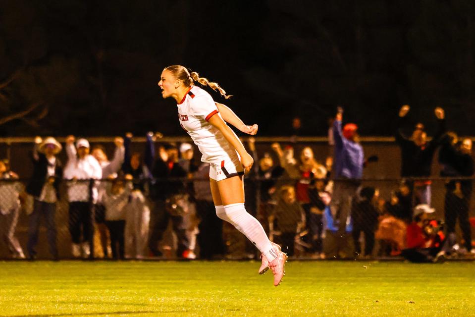 Texas Tech forward Peyton Parsons (9) celebrates the game winning penalty kick against Princeton in the second-round of the NCAA soccer tournament, Friday, Nov. 17, 2023, at John Walker Soccer Complex.