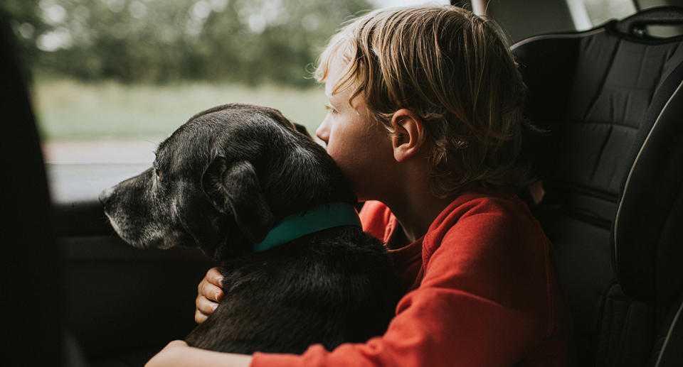 A child and a dog look out a car window. Source: Getty Images