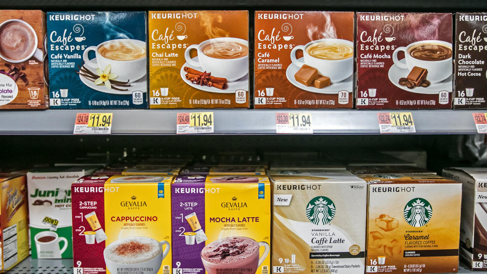 Egg Harbor Township, NJ, December 10, 2017: Packs of variously branded coffee Keurig capsules are offered for sale in a Walmart store.