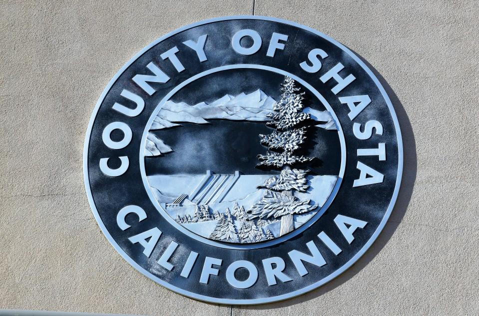 Shasta County seal on the outside of the Board of Supervisors chambers in Redding.