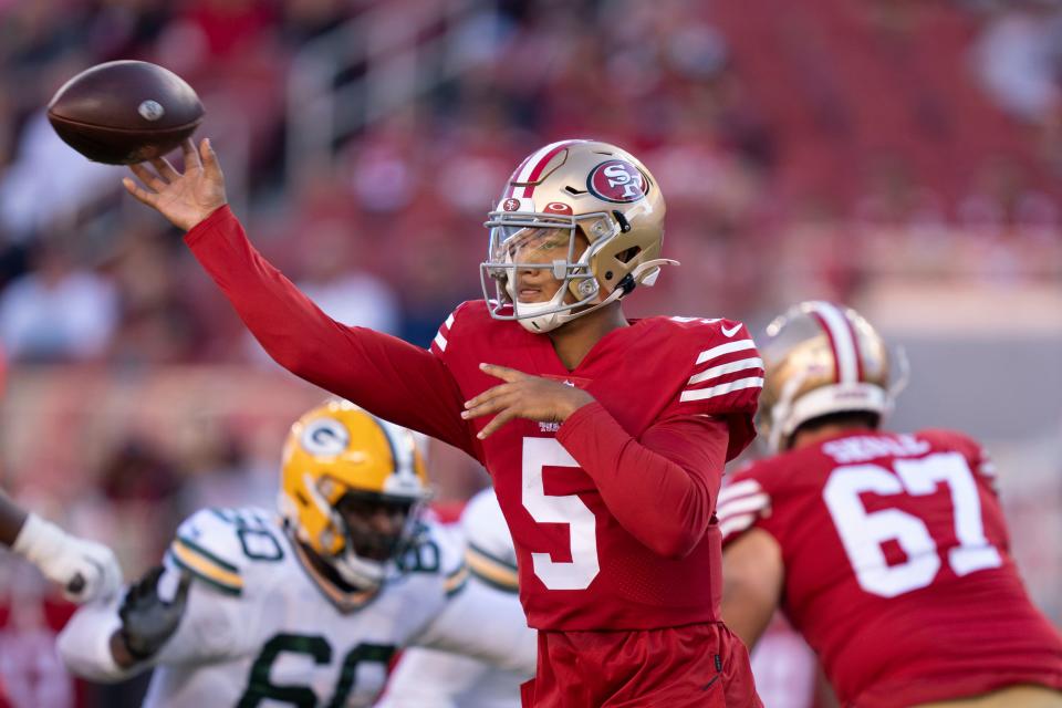 San Francisco 49ers quarterback Trey Lance passes during the first quarter against the Green Bay Packers.