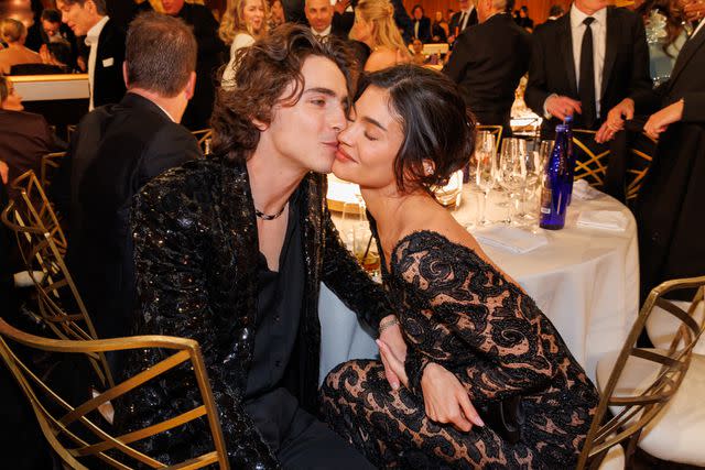 <p>Christopher Polk/Golden Globes 2024/Golden Globes 2024 via Getty</p> Timothée Chalamet and Kylie Jenner at the 2024 Golden Globes