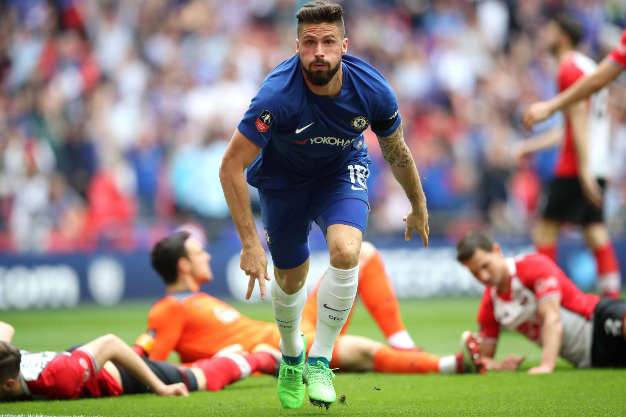 Olivier Giroud sent Chelsea to the FA Cup final with the first of two goals against Southampton in the semifinal. (Getty)