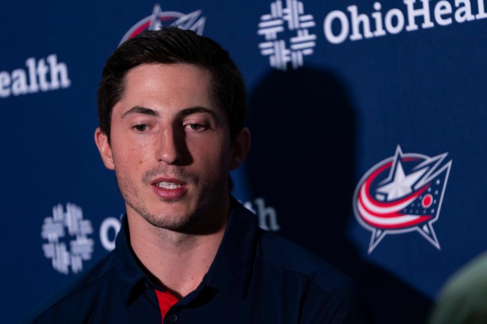 Blue Jackets defenseman Zach Werenski speaks during media day prior to the start of training camp at Nationwide Arena.